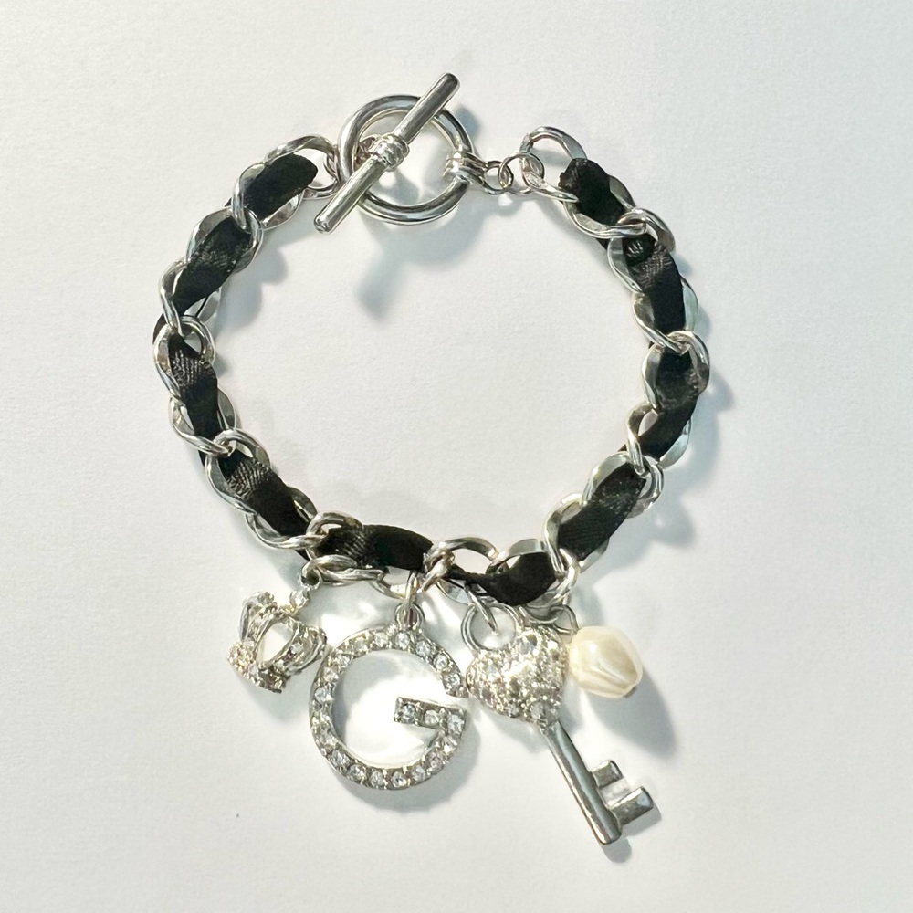 Guess Rhinestone Charm Link Bracelet with Black Band